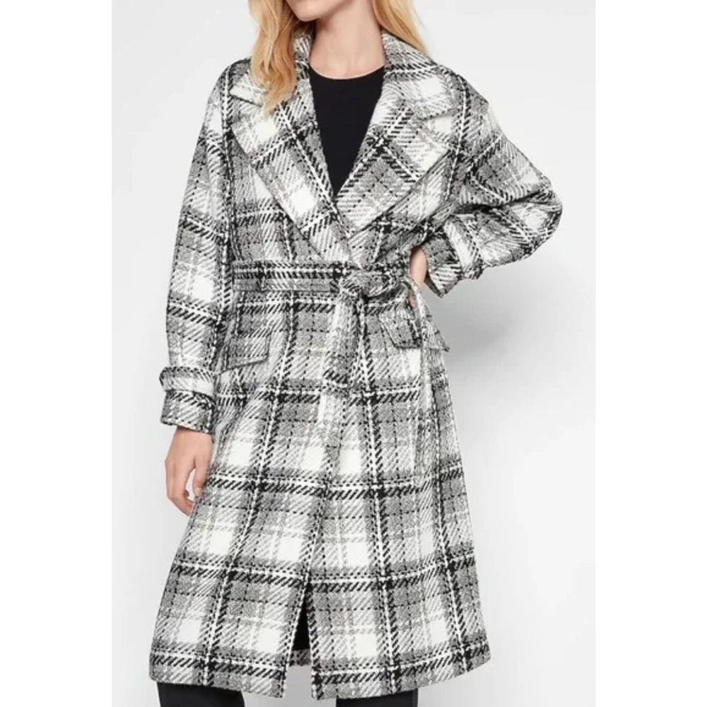 NEW EXPRESS BLACK WHITE GRAY PLAID BELTED WRAP FRONT COAT SIZE SMALL